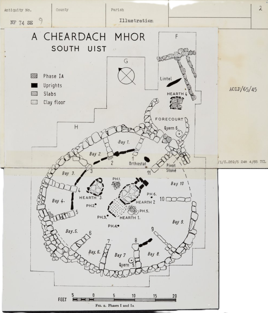 Photocopy of a digital plan on aged paper. The plan shows a stone wheelhouse and is annotated with different phases of occupation.