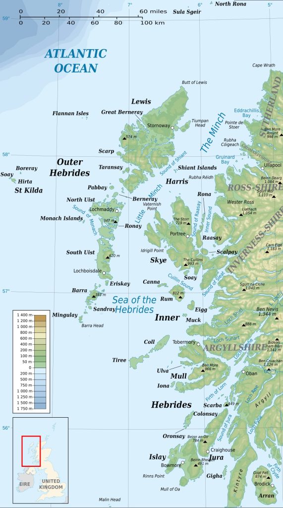 Map showing the Hebrides and the Minch, a stretch of water between Lewis and the mainland of Scotland
