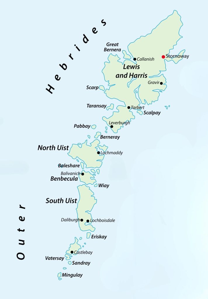 Digital map of the outerhebrides showing key locations such as Berneray, Tarbert and Stornoway.