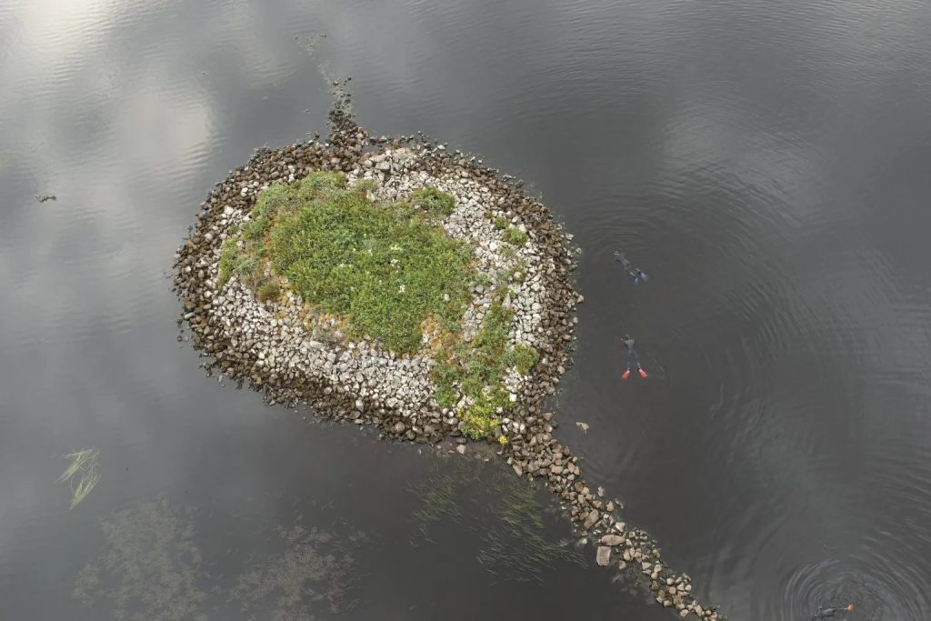 Oblique aerial view of a tear-shaped stony island in a body of water. Two divers can be seen swimming to the right of the island, with black wetsuits and red flippers.