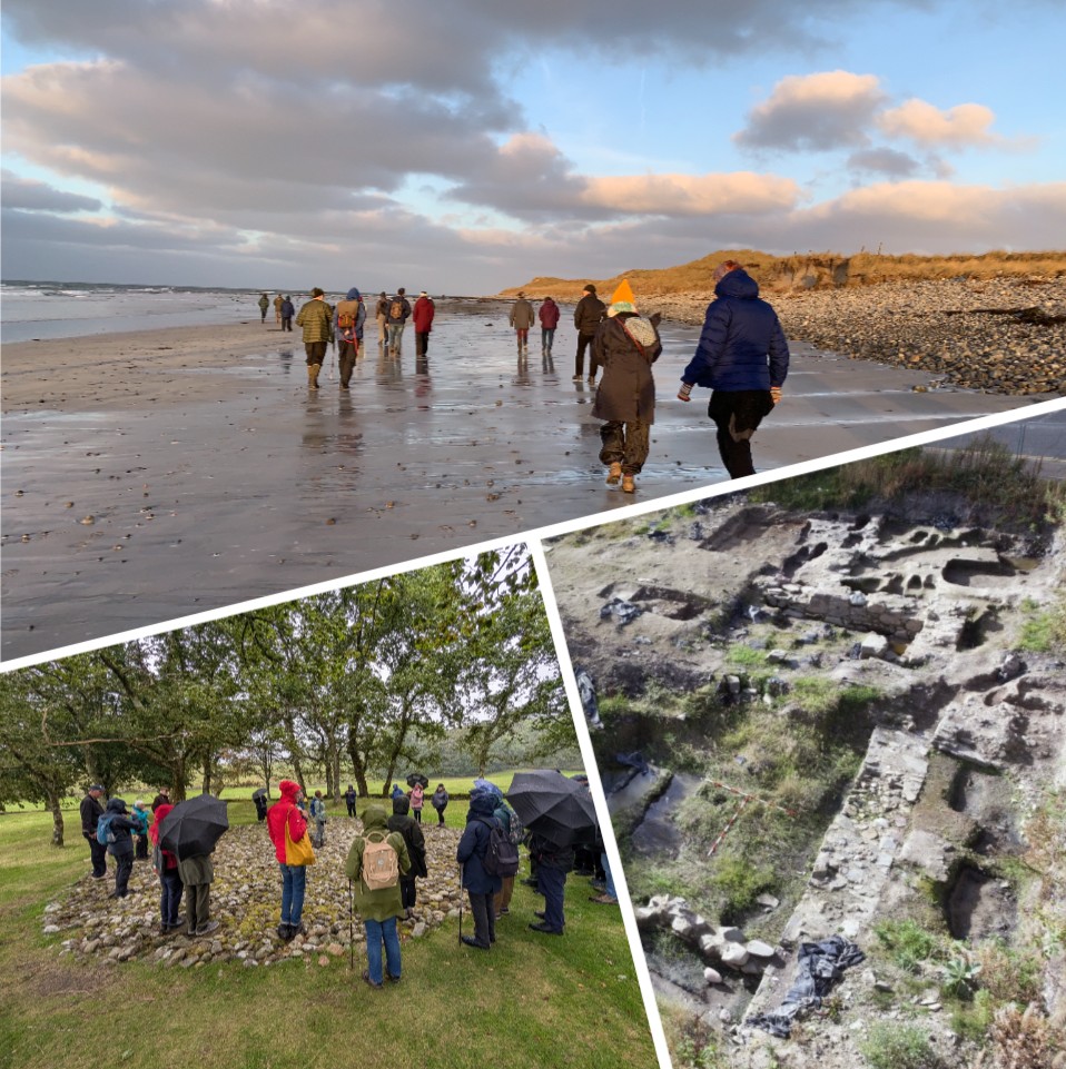 Top: Participants of the SIRFA Symposium in South Uist © ScARF; Bottom left: Fellows enjoying the 2025 Summer excursion in Kilmartin Glen © Society of Antiquaries of Scotland; Bottom right: Remains of the Carmelite Friary Of Tullilum, Whitefriar's Street, Perth © HES