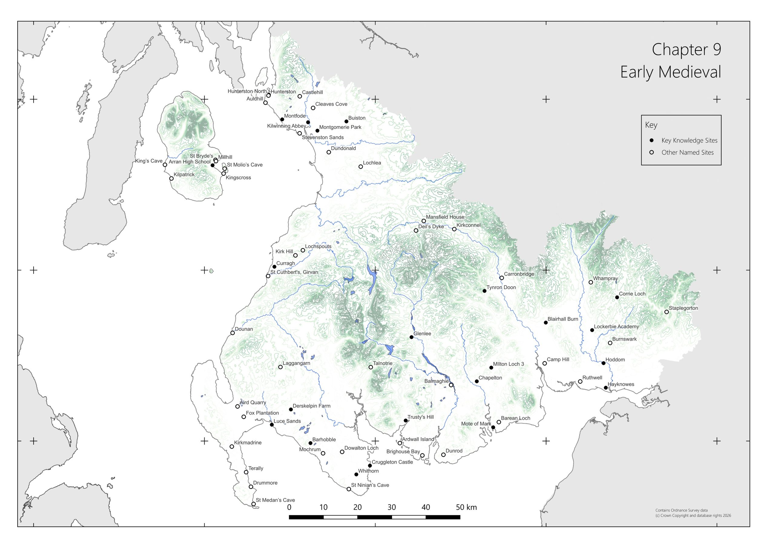 Landscape plan of South West Scotland showing topography, rivers and coastline. The plan is overmarked with the location of Key Knowledge Sites and Other Named Sites for Chapter 9 Early Medieval