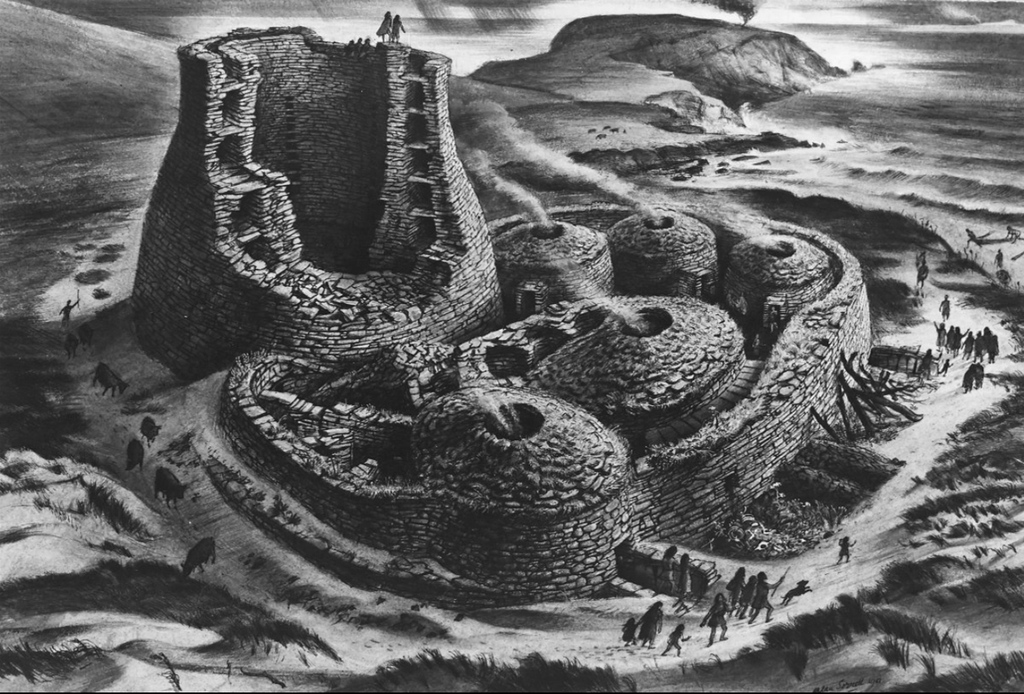 Black and white illustrative sketch of a stone-built village with one large, cylindrical tower and six smaller stone homes with smoke coming out of each chimney. The village is surrounded by a stone wall and illustrated people are drawn in and around the village. 