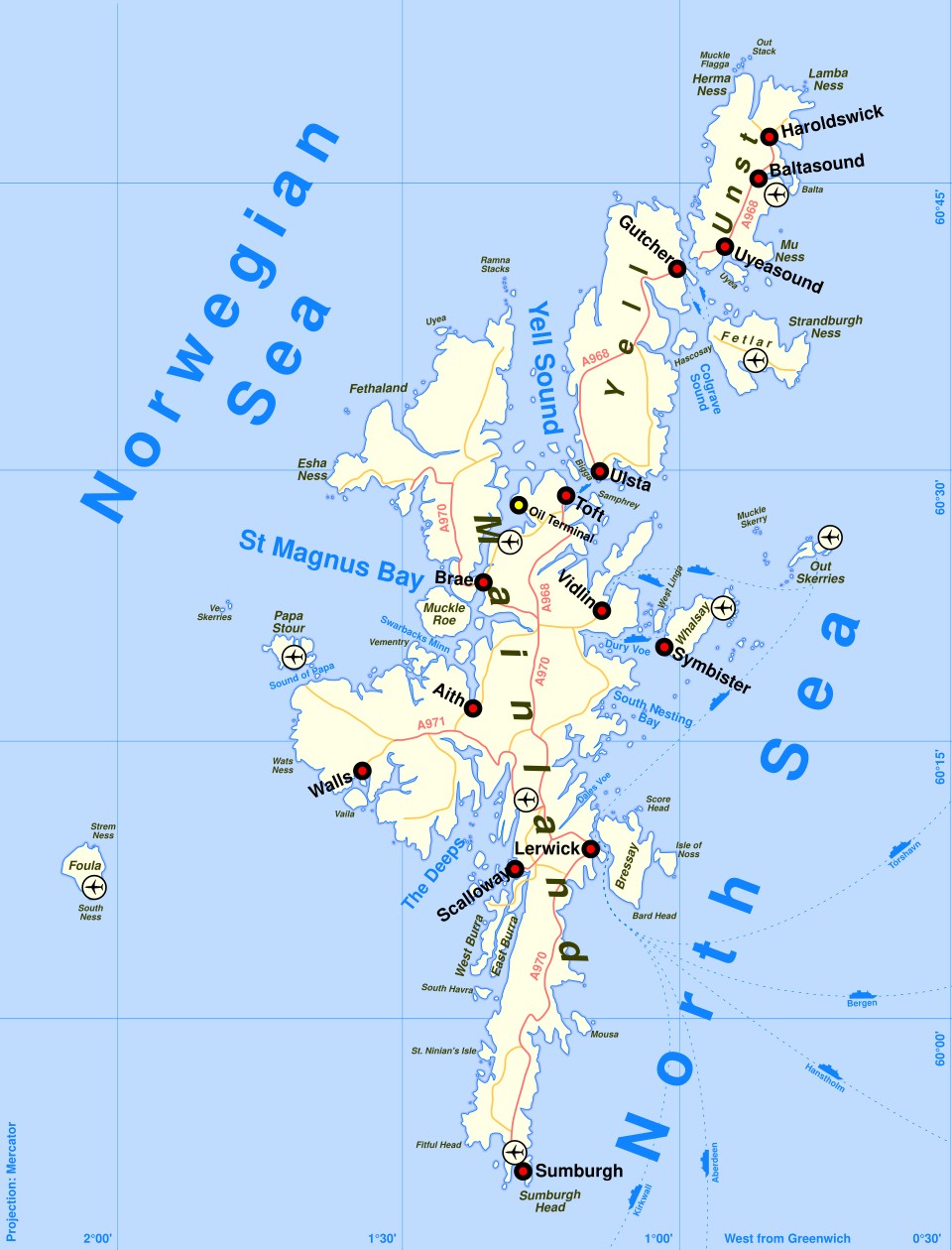 Digital map of the Shetland islands showing the land in white and the sea in blue. Multiple locations are annotated and some are shown using a red dot.