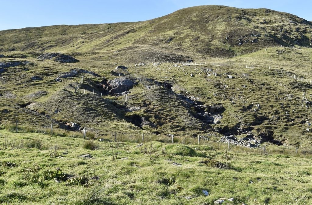 Photograph of a grassy hillside with grey stones protruding from the ground. The hillside has various fenceposts and wire fencing surround the stones. 