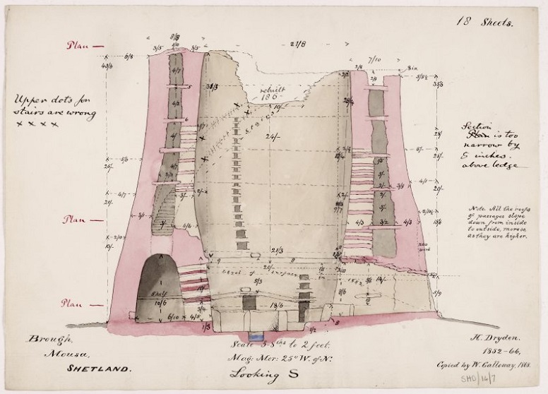 Scan of a hand-drawn section of the broch of mousa, a tall stone tower with thick, hollow walls and and internal staircase. The drawing is annotated with handwritten notes. 